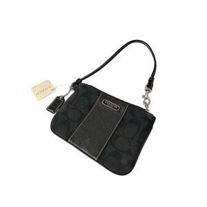 NWT Black Coach Signature Wristlet Leather Canvas Wallet Cardholder GS
